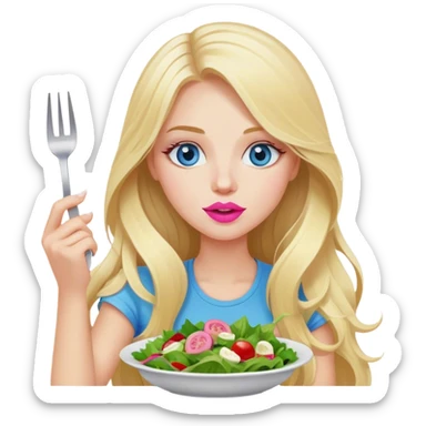A cinematically realistic blonde with long hair, blue eyes and pink lips eats a salad with a fork sticker