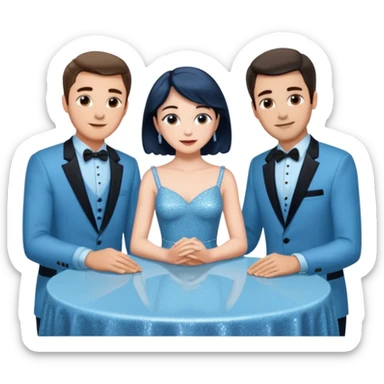 Sabrina’s carpenter in a light blue sparkly dress at a table with 3 handsome men facing each other and she is standing up putting her hand out  sticker