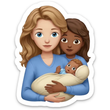 Caucasian woman with light brown wavy hair and blue eyes and dark skinned one newborn only days old  in carrier sticker