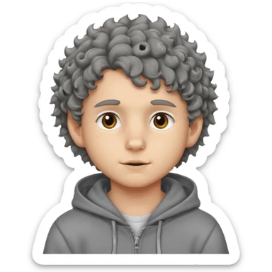 baby face 18 year old boy with grey hoodie and curly-wavy wolf cut hair sticker