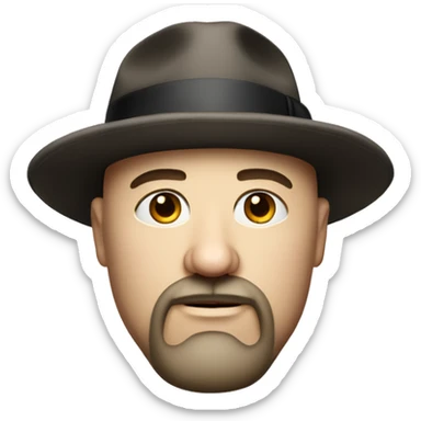 Photorealistic serious A plump bald man of Slavic appearance with a goatee beard and mustache, wearing a fedora hat sticker
