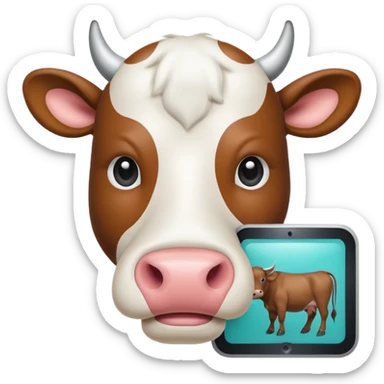 Emoji-style icon of a cow and buffalo with a scan frame or AI detection overlay, representing breed identification. Clean, friendly, rounded design, easy to recognize at small sizes, teal and white accents, no text, transparent background. sticker