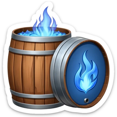 generate a realistic rust-free metal barrel with blue fire on it sticker