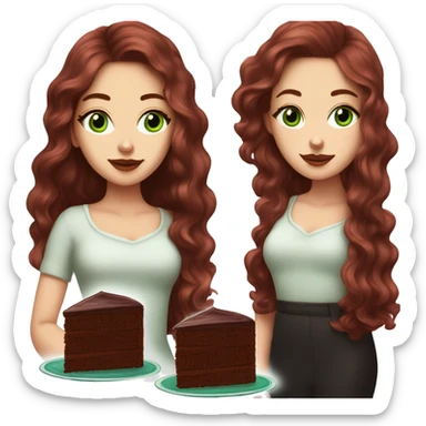 a white girl with dark red burgundy wavy hair and black eyeliner and green eyeseating a huge piece of chocolate cake  sticker