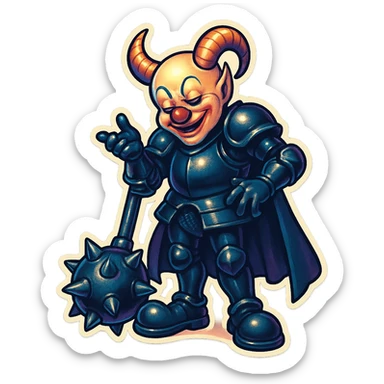 A relaxed but evil armored clown with no hair, ram horns pointing up, glossy black on matte black armor, short cape, large black clown shoes, leaning on his oversized spiked mace with one hand, the other hand gesturing as if taunting, eyes barely open, sinister expression, vibrant retro stickers style, no yellow aged tint, full body, transparent background, reference images included sticker