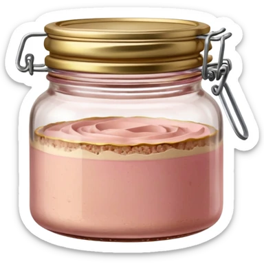 small glass jar filled with coarse beige to light pink pâté, smooth slightly uneven surface, metal lid, visible layers of texture through transparent glass, fine fat cap on top, no label, no garnish, no bread, sealed jar, soft lighting, subtle shadows, emoji scale sticker