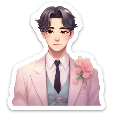 Gorgeous romantic anime style Asian formal modern gentlemanly guy with pretty hair and flower petals and blushing face aesthetic trending style outside with colorful gradient colors  pastelcore cottagecore kawaiicore sticker
