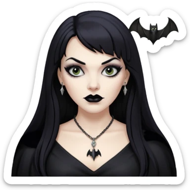 vampira mulher branca com cabelo preto longo com franja acima da sobrancelha e lábios com batom preto com colar preto e pingente de morcego preto sticker