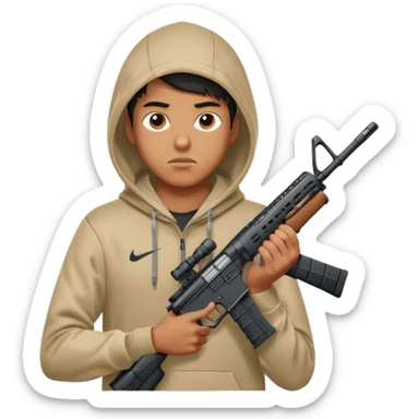 
Fais moi un jeune taliban qui ressemble qui tient une AR15 avec un hoodie a capuche, capuché, avec la cagoule nike therma fit hood sticker
