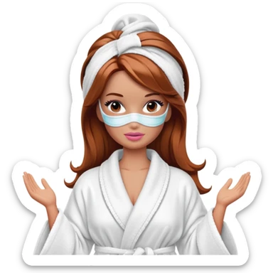 A Barbie face with shoulder-length reddish-brown hair, makeup, a smeared face mask, and a bathrobe. sticker