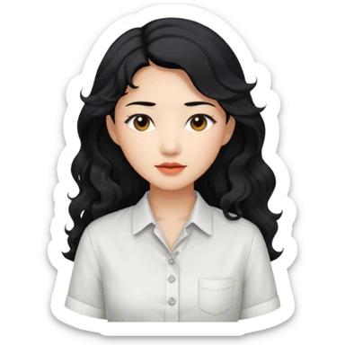 Asian woman, black hair, long permed wavy hair, white button-up shirt, flat colors, transparent background. sticker