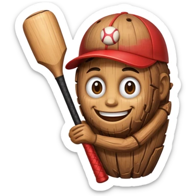 Wood log with a smiling face holding a baseball bat. sticker