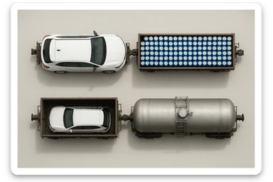 Вид строго сверху (top-down). Реалистичный грузовой поезд из трёх вагонов.
Вагон 1: внутри одна большая белая машина Chevrolet (без логотипов и без каких-либо надписей).
Вагон 2: много одинаковых банок синего цвета, похожих на напиток Pepsi, уложенных плотными рядами, но без логотипов и надписей.
Вагон 3: железнодорожная цистерна для газа, полностью реалистичная, без надписей, без маркировки, без символов.
Ничего не обрезано, весь поезд полностью помещается в кадр сверху. Чистый нейтральный фон, без окружения. Максимальная реалистичность, ровный свет. sticker