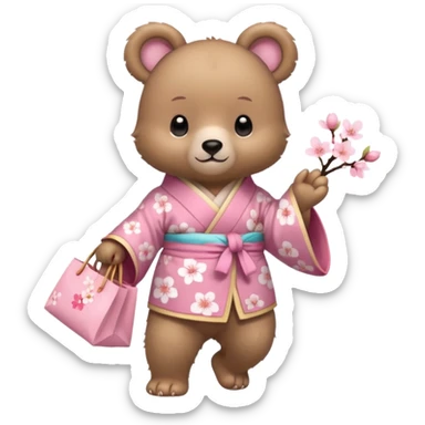 A cute baby bear character in pastel style, standing upright like a human. 
Light brown soft fur, large round ears, rounded paws and feet. 
Wearing a pink kimono with soft cherry blossom patterns on the sleeves and bottom, Holding a cute pastel shopping bag with one paw, walking pose. sticker