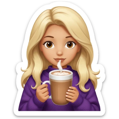 Tanned Girl with lashes , blonde hair, in an extremely big fluffy oversized and hold hot chocolate drink sticker