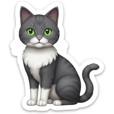 full body view of beautiful female solid dark grey cat with green eyes, white toes/paws and white patch on her chest sticker