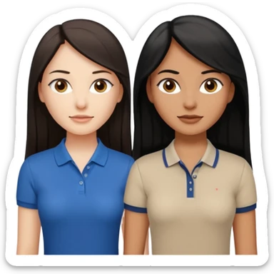 Dos mujeres juntas que una sea de color trigueña y de color blanca, cabello largo negro sea la de piel blanca y la de piel trigueña cabello castaño raya en medio, tengan polo blanco sticker