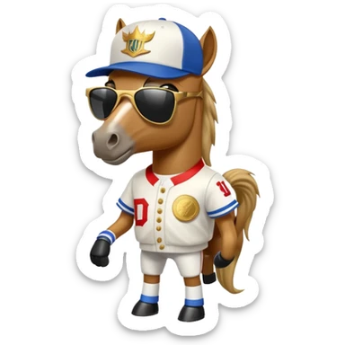 friendly anthropomorphised horse in RUN DMC style outfit, gold medal, baseball hat, sunglasses sticker