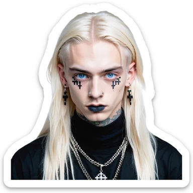 boy with long light blonde hair, dark blue eyes, multiple facial piercings (septum, nose bridge, anti eyebrow, eyebrow), wearing all black sticker