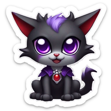 Anthro-Cute-Edgy-Cool-Vampiric-Batty-Cat-Black-Purple-Red-Grey-White-Yellow-Contrast-Colors-Fantasy-Fur-Sona-Chibi-Shiny-Fakémon-Hybrid with horns and fangs and collar full body sticker