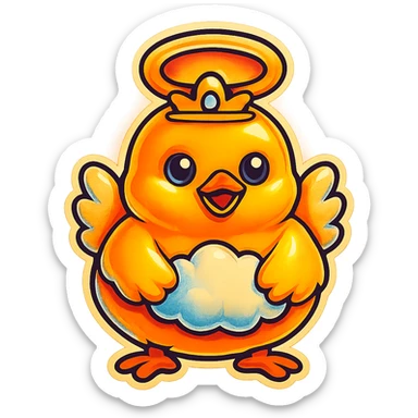 Make the halo much bigger and floating high above the baby chick's head, like a saint, keep the style and transparent background. sticker