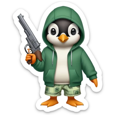 A cute half-dolphin half-penguin thug with a gun, wearing a blood-stained green hoodie and Dollar General shorts sticker