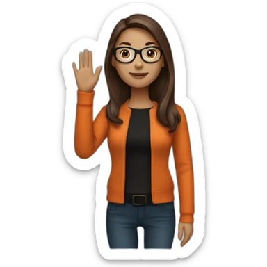 woman waving with light glasses with long straight brown hair waving wearing a dark orange sweater and black jacket sticker