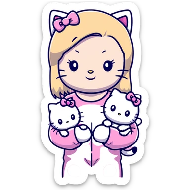 Blonde girl wearing pink Hello Kitty pajamas with two ragdoll cats sticker