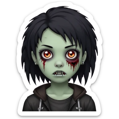 girl, zombie, black coily hair, medium long, emo, shaggy, dark, spooky, piercing on eyebrow, creepy blank expression sticker