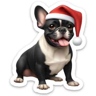 A small, black-and-tan French bulldog with a mostly black face and tan paws, wearing a classic red and white Santa hat, sitting happily with its tongue slightly out. sticker