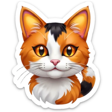 Cinematic Cute Calico Cat Portrait Emoji, Head tilted playfully with sparkling, inquisitive eyes and a charming patchwork fur of orange, black, and white, simplified yet irresistibly adorable, highly detailed, glowing with a warm, inviting glow, high shine, bubbly and affectionate, styled with a touch of whimsical feline charm, soft glowing outline, capturing the essence of a delightfully cute calico cat that looks as if it could prance off the screen into your heart! sticker
