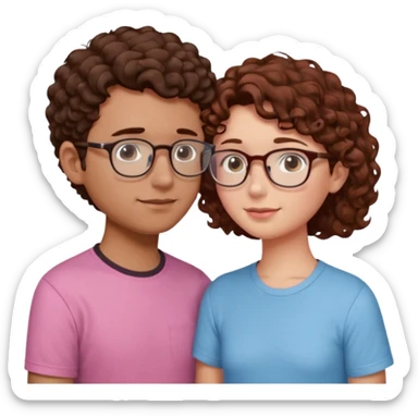a couple where de girl has short, redish brown hair, pink shirt and the boy has short curly dark brown hair, has glasses and has light blue shirt. they are facing each other and their noses touch sticker
