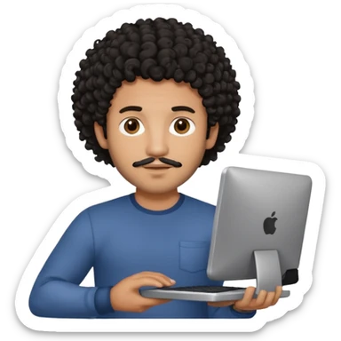 men holding his computer in hands. light brown skin men with curly black hair, dark brown eyes, little grown beard. ust a tiny bit muscular. dressed casual. round face. Dont Apple book  sticker