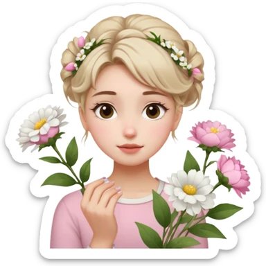 emojis.com a-girl--sitting--near-various-bouquets-of-flowers-,-white-and-pink-flowers-.-she-is-holding-a-single-white-flower-up-to-her-face,-her-hairstyle-is-slightly-messy-updo,-with-a-few-soft-strands-f (1) sticker