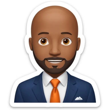 headshot of a sophisticated, stylish, bald head Caribbean black man with a beard and goatee in a navy blue suite, white shirt and dark orange tie with small eyes sticker