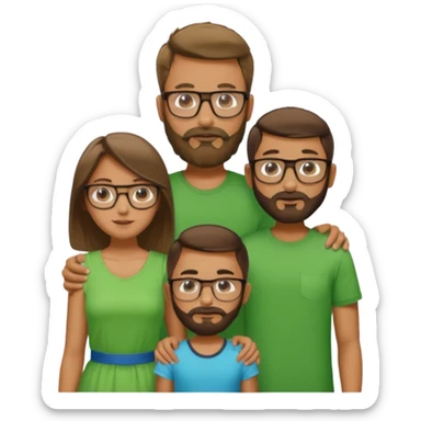 A family consisting of a man who's bearded, tanned, wearing glasses, a woman, slightly tanned, and a 14 year old teenage boy, slightly tanned, wearing a green t-shirt sticker