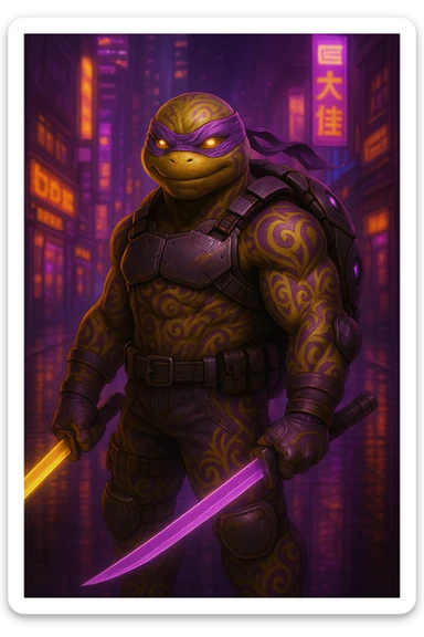Change the color scheme to purple and gold while keeping the neon-lit dystopian city background vibrant. Ensure the character's tribal markings and tech details remain visible and clear in the image. sticker