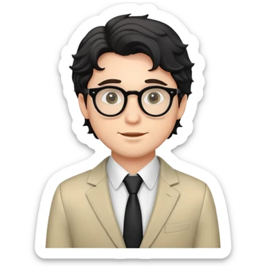 Young caucasian man with black wavy hair, round glasses, semi-formal theater outfit with blazer and collared shirt sticker
