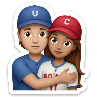 White Guy with brown hair and baseball cap on hugging a girl with brown hair that has highlights in it sticker