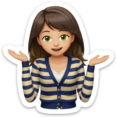 Gorgeous brunette girl green eyes, striped cream and navy blue cardigan and cream shirt, with swoop bangs and long hair having fun, laughing with mouth closed eyes squinted closed, hand on stomach laughing sticker