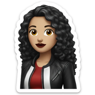 White girl, with long curly black hair, with red lipstick, wearing leather jacket sticker