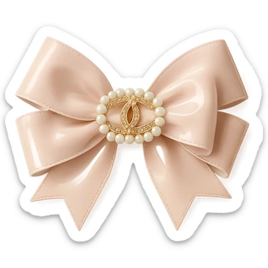 Add a solid white background behind an elegant bow with pearls and a gold Chanel logo, in a glossy, pastel colors, realistic style with soft reflections and highlights. sticker