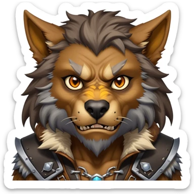 Cinematic Realistic WoW Worgen Portrait, head tilted epicly and inquisitively, showcasing the striking fusion of human intellect and beastly ferocity. His rugged fur and tanned skin, accented by piercing amber eyes and meticulously rendered worn leather garments, are bathed in dynamic lighting, high shine, epic and awe-inspiring, capturing the relentless spirit of a worgen at the apex of his power. sticker