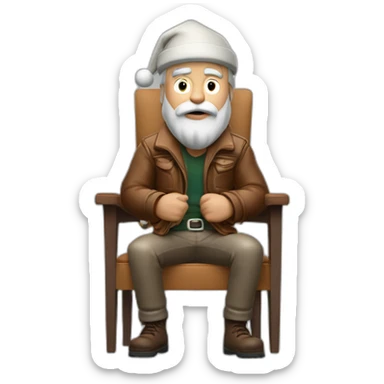 biff wiff short santa beard wearing a brown leather jacket and a paddy cap sitting in a folding directors chair looking angry(full body, ios17) sticker