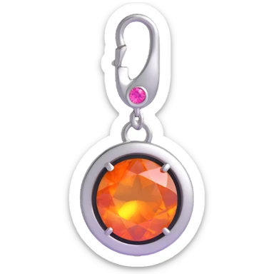 macro detail of a round cut pink fire opal charm with fiery pink-orange flashes, silver bezel and silver jump ring sticker