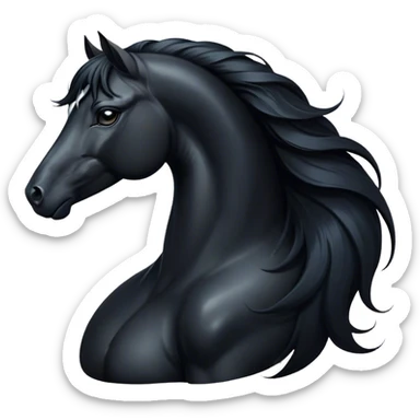 Cinematic Elegant Black Horse Portrait Emoji, Head held high with a serene, powerful gaze, showcasing a magnificent jet-black fur with a radiant, glossy finish, a flowing mane and tail, and piercing dark eyes exuding beauty and strength, Simplified yet majestically refined features, highly detailed, glowing with a soft, ethereal light, high shine, poised and breathtaking, stylized with an air of pure elegance, capturing the essence of a stunning and graceful steed, so beautiful it feels like it could gallop out of the screen with effortless charm! sticker
