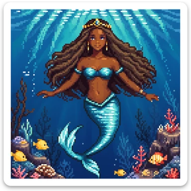 Dark brown skin mermaid princess with long flowing hair and royal accessories in deep blue ocean sticker