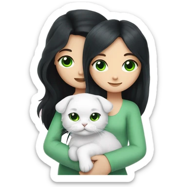 girl with very long black hair and green eyes and light pink outfit hugging a white scottish fold long hair blue eyes cat  sticker