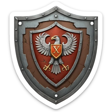 a battle worn steel shield with engraved roman numerals for 30, the roman numerals should be prominante and in the center of the shield sticker