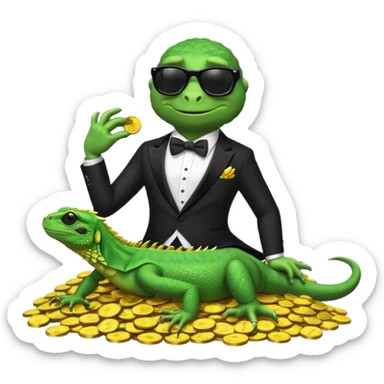 capitalist iguana banker in tuxedo and black sunglasses lying comfortly on coins sticker